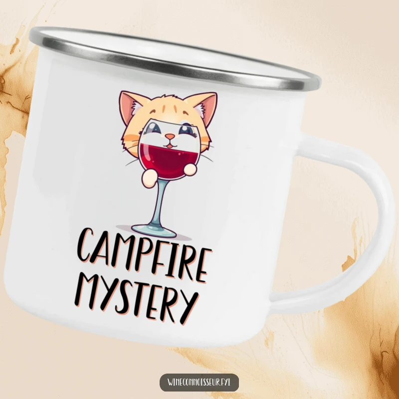Funny camping mug with a playful cat character peering with intrigue into a wine glass, ideal for humorous outdoor enjoyment.