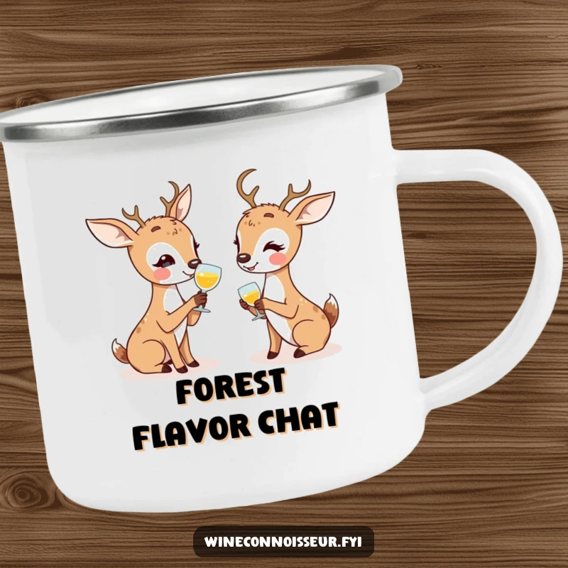 Funny camping mug with kawaii deer characters enthusiastically discussing tasting notes, perfect for outdoor chats and humor.