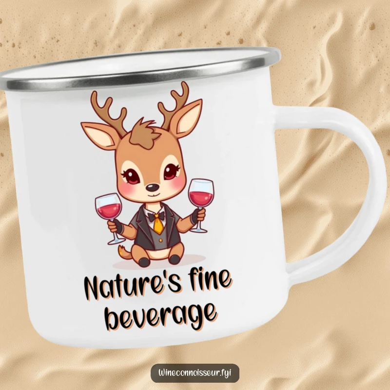 Funny deer camping mug with a dignified character holding a wine glass and a reserved smile, for elegant outdoor humor.