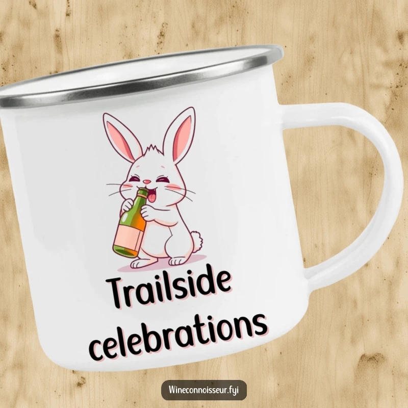 Funny enamel camping mug featuring a determined rabbit character enthusiastically uncorking a miniature wine bottle, perfect for outdoor celebrations.