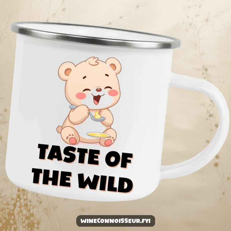 Funny enamel camping mug featuring a giggling bear cub character tasting a tiny drop of honey from a miniature spoon, for outdoor fun.
