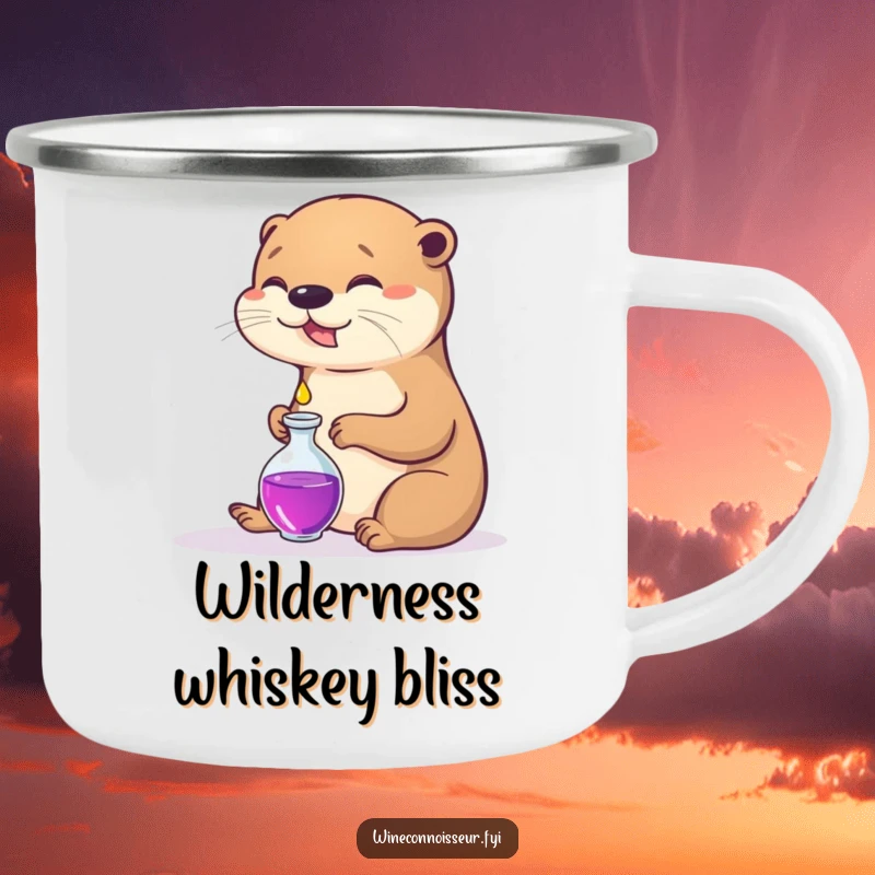 Funny camping mug featuring a contented otter pouring a droplet into a decanter, perfect for outdoor relaxation.