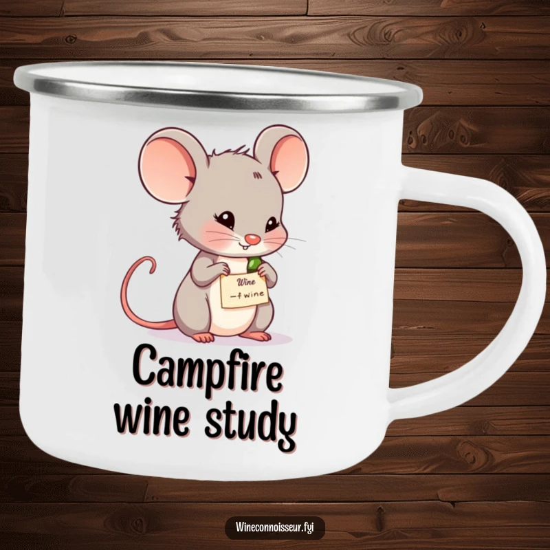 Funny wine mouse camping mug featuring a contemplative mouse examining a wine label. Ideal for outdoor enjoyment and reflection.