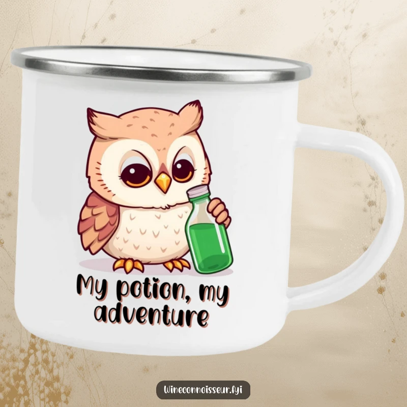 Funny owl expert camping mug with a smiling owl examining a tiny bottle, perfect for outdoor enthusiasts and thinkers.