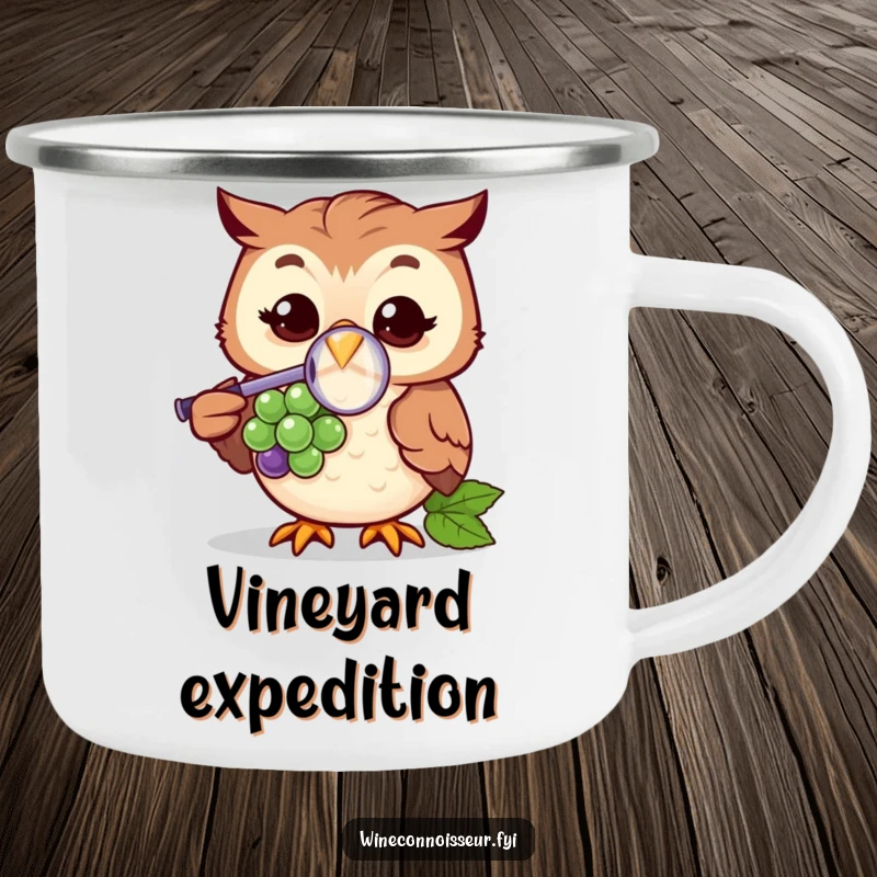 Funny camping mug with a cheerful owl character using a magnifying glass to inspect a grape, blending adventure with humor.