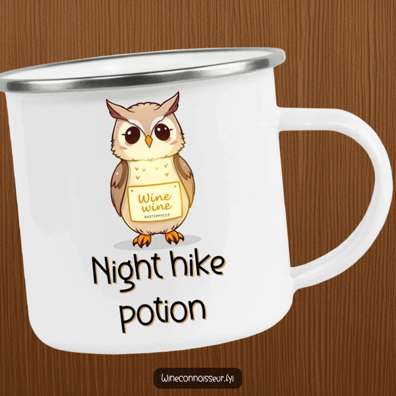 Funny camping mug with a kawaii owl gently illuminating a wine label, perfect for outdoor wine appreciation and humor.