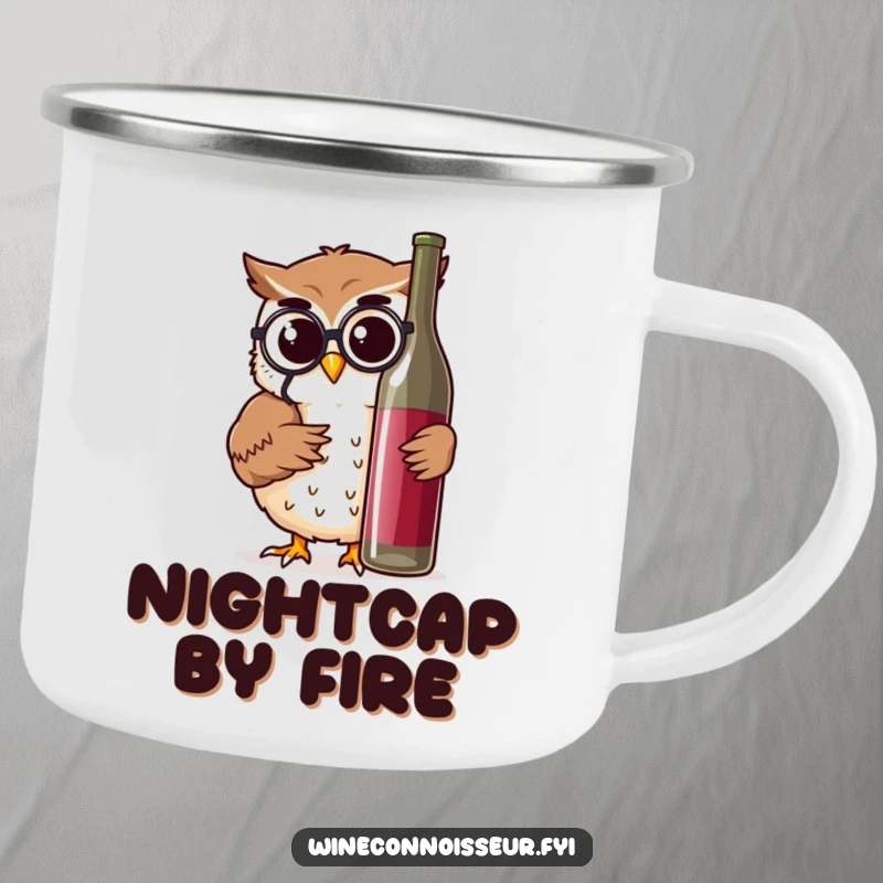 Funny camping mug featuring a wise owl character examining a wine bottle, perfect for outdoor wisdom and humor.