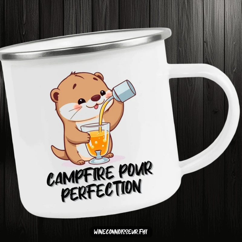 Funny enamel camping mug featuring a playful otter character expertly pouring a stream of amber liquid into a delicate glass, for outdoor enjoyment.