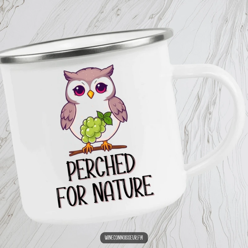 Funny proud owl camping mug, balancing grape on beak, durable and humorous outdoor drinkware for bird fans.