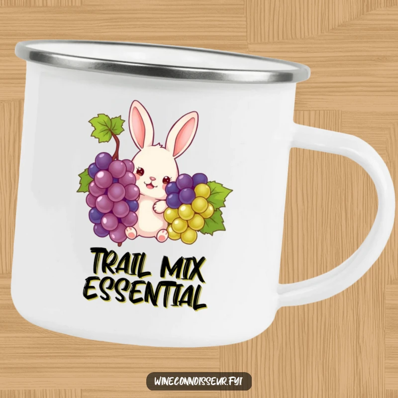 Funny rabbit peeking from grapes on a sturdy camping mug, perfect for outdoor enthusiasts seeking a funny gift.