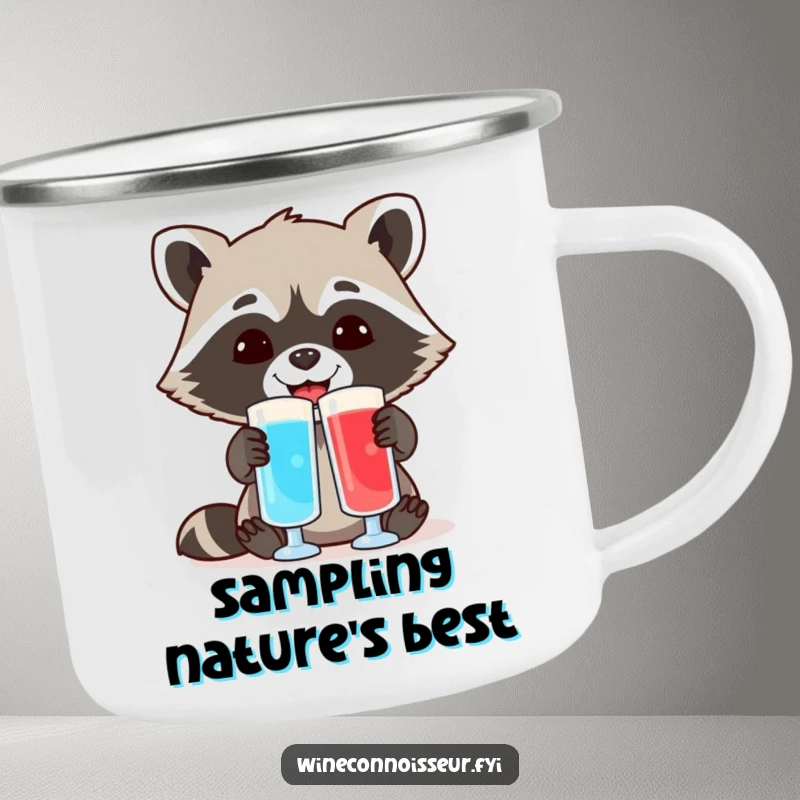 Funny camping mug with a cheerful raccoon comparing two different colored liquid samples, ideal for outdoor enthusiasts who love science and humor.