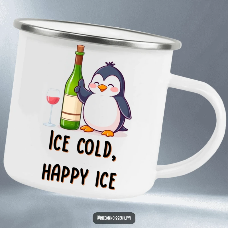 Funny Camping Mug: A contented penguin giving a thumbs up next to a wine bottle, perfect for enjoying drinks outdoors with happy approval.