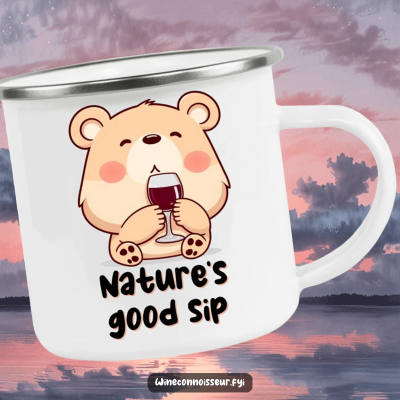 Funny wine bear camping mug featuring a content bear sipping wine, perfect for outdoor adventures and relaxation.