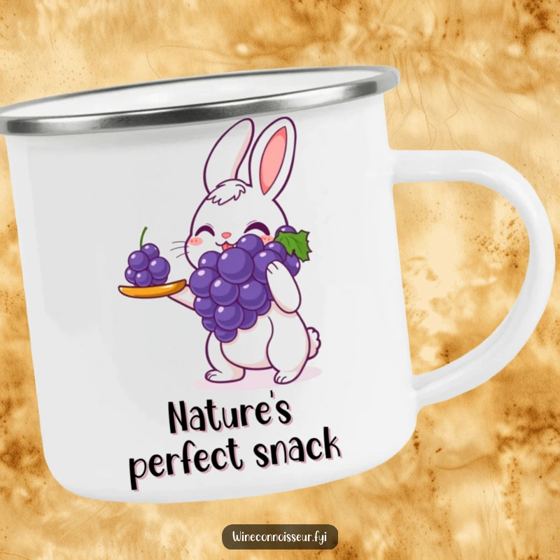 Funny camping mug featuring a delighted rabbit server presenting a single perfect grape with great care, perfect for outdoor use and bringing humor to camp life.