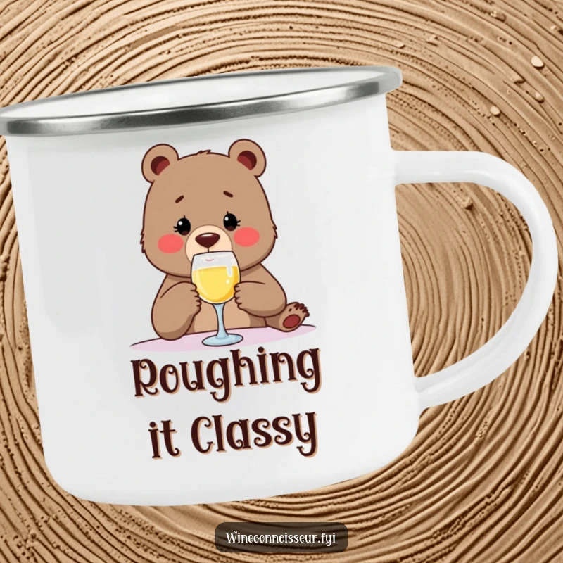 Funny and durable camping mug with a determined bear tasting wine, perfect for outdoor enthusiasts who appreciate a humorous and sophisticated drink.