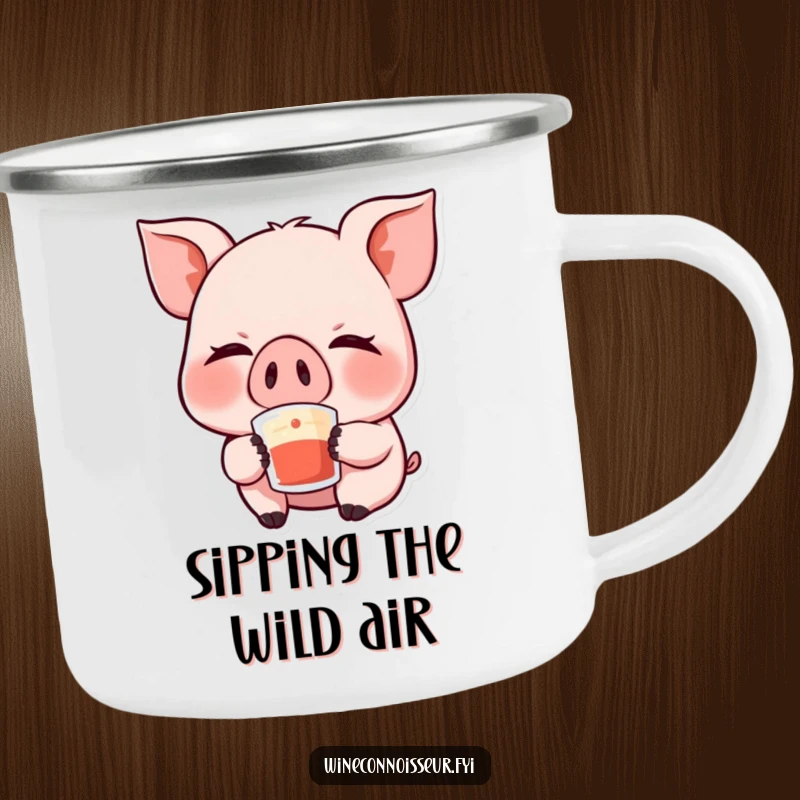 Funny Kawaii Pig Camping Mug: A durable mug featuring a giggling pig with eyes closed, savoring a sip, ready for outdoor adventures and laughs.