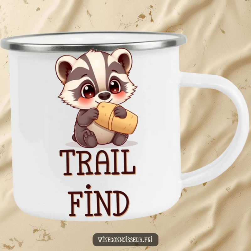 Funny camping mug with a curious Kawaii badger examining a cork, outdoor exploration theme, humorous and durable gift.