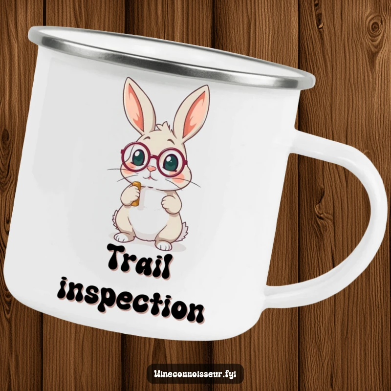 Funny rabbit with monocle examining cork camping mug, perfect for outdoor beverages and adding a touch of sophisticated humor.
