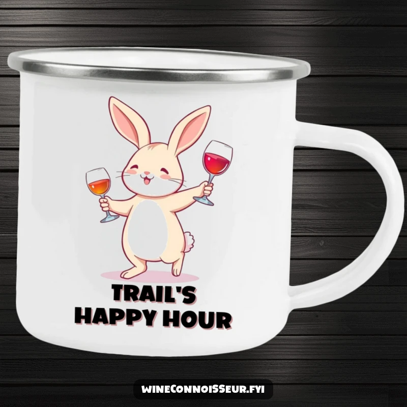 Funny Camping Mug: A joyful rabbit waltzing with a wine glass, perfect for enjoying drinks by the campfire with festive flair.