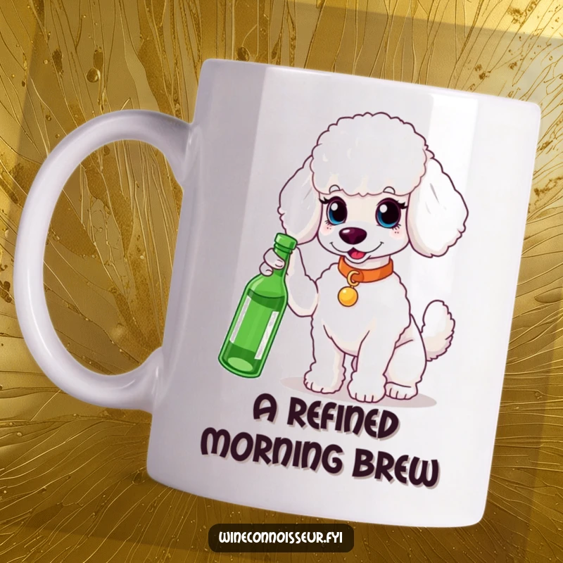 Funny white poodle mug, sophisticated posture, gesturing to a bottle, elegant and humorous, a perfect funny gift for dog lovers.