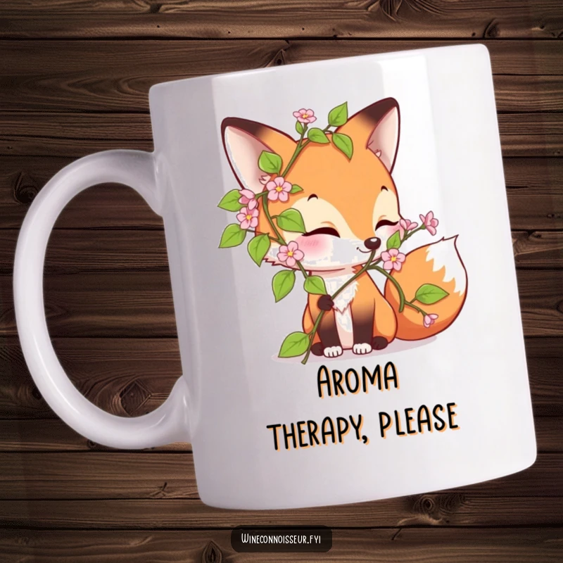 Funny mug showing a curious fox character delightedly sniffing a blooming vine, embodying joy and appreciation for nature.