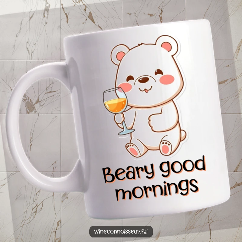 Funny mug with a happy bear character holding a wine glass with its paw, representing joyful wine appreciation.