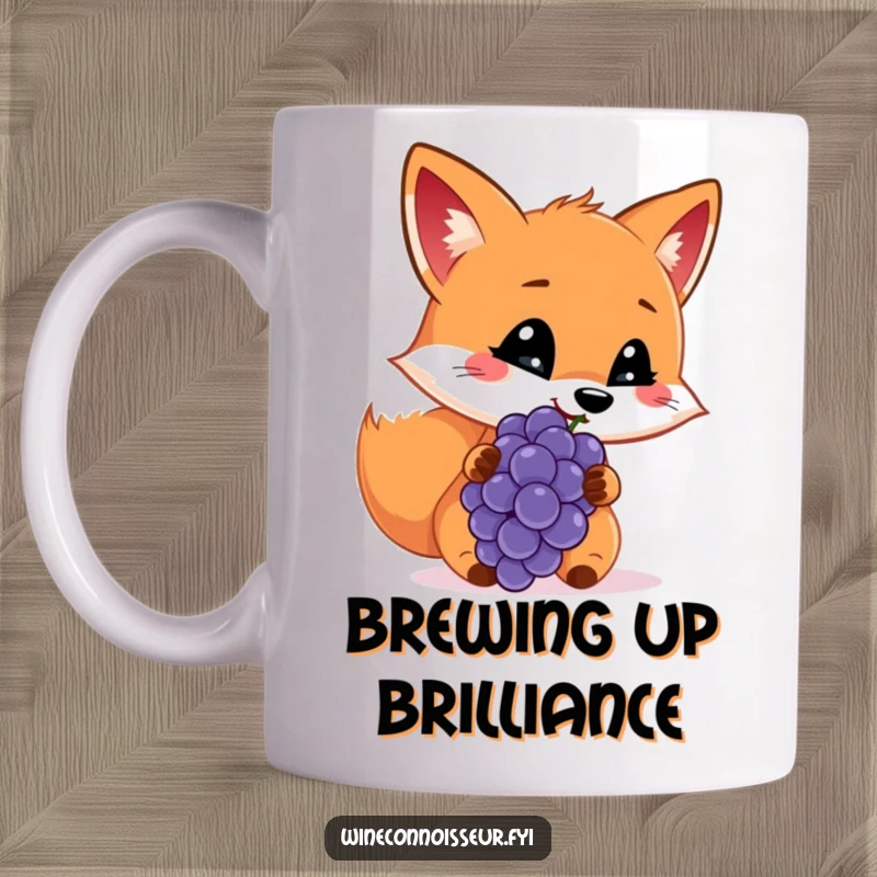 Funny mug featuring a cheerful fox sniffing a grape with a discerning look, contemplating its flavor.