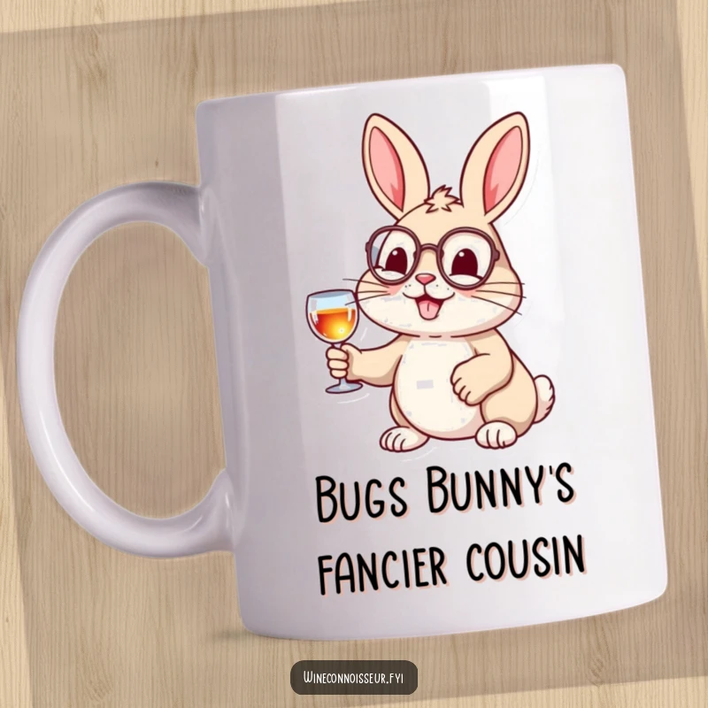 Funny mug with a cheerful rabbit wearing a monocle, holding a tiny wine glass, exuding sophisticated and humorous charm.