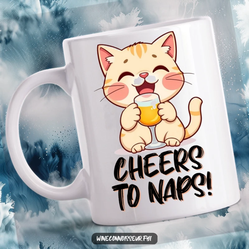Funny cat mug showing a delighted cat character joyfully toasting with a tiny glass, radiating happiness and celebration.
