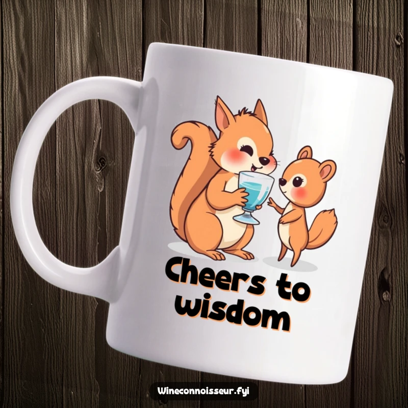 Funny mug featuring a wise squirrel kindly offering a drink to another animal, symbolizing generosity and friendship.