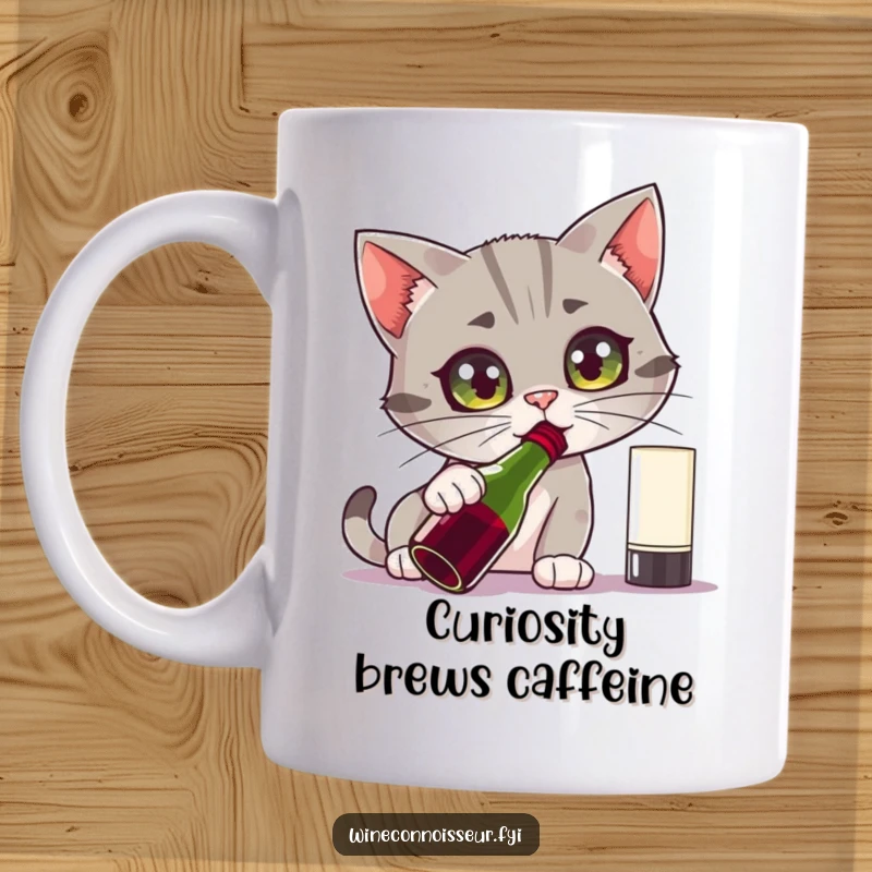 Funny mug with a curious cat character sniffing a wine bottle with intense, wide eyes, showing a mix of intrigue and mischief.