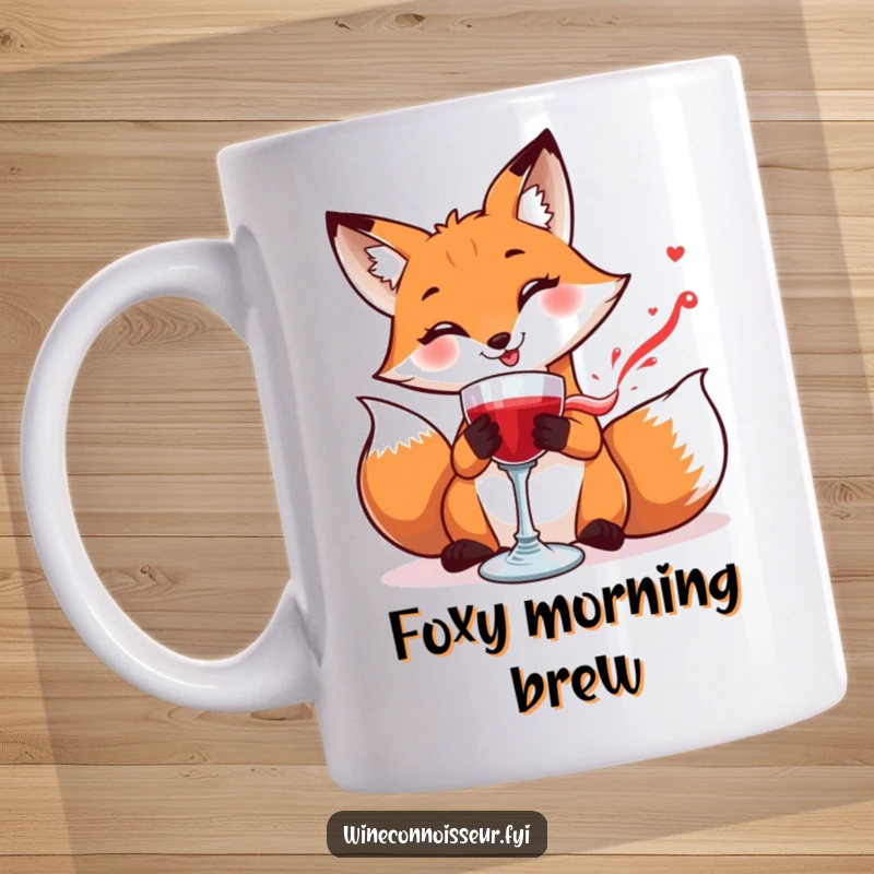Funny mug showing a smiling fox meticulously swirling a goblet of red liquid with focused, careful attention.