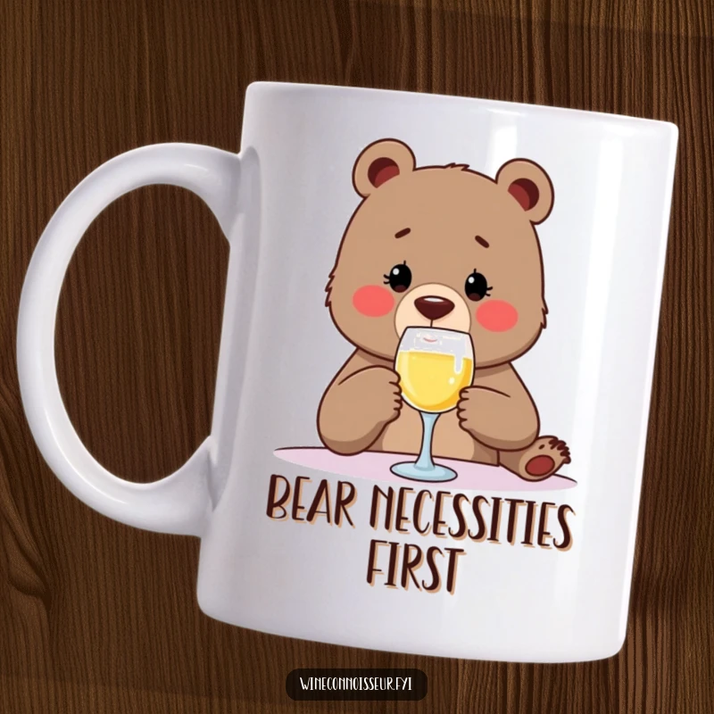 Funny bear mug with a determined expression tasting a tiny sip from a wine glass, showcasing sophisticated humor and a love for wine.