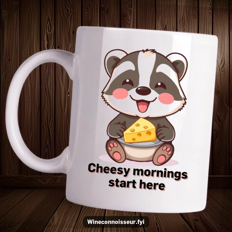 Funny cheese badger mug featuring a happy badger offering a delicious cheese pairing. Perfect for foodies and gift-givers.