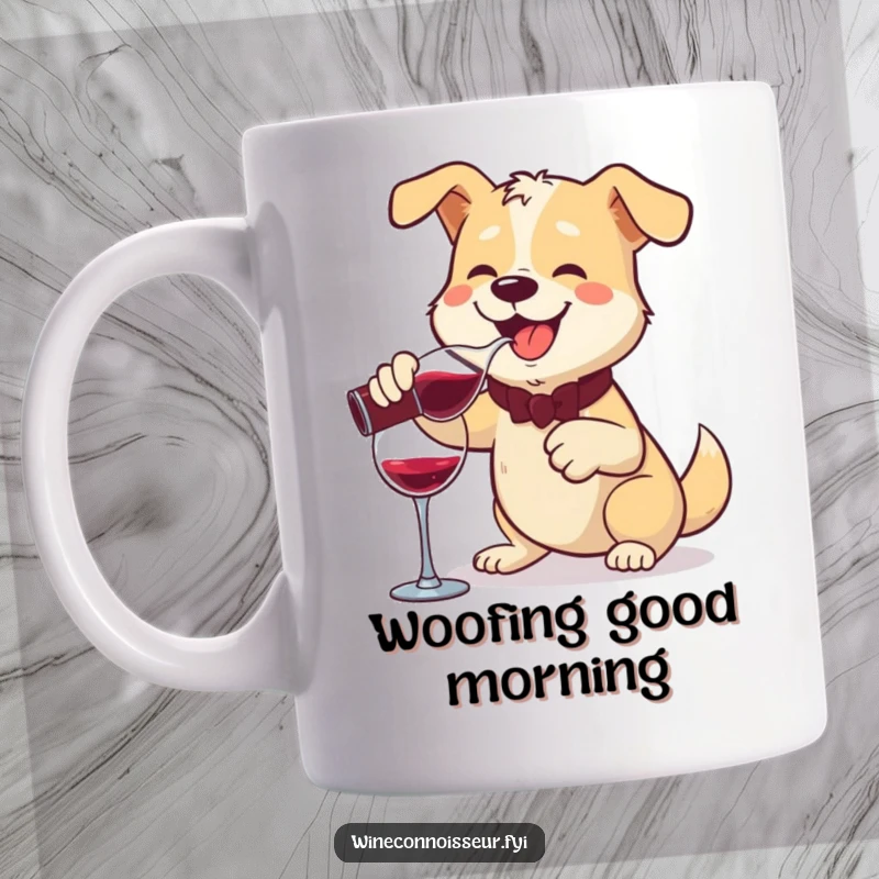 Funny mug showing a cheerful dog expertly pouring wine from a decanter with a smooth, elegant flourish.