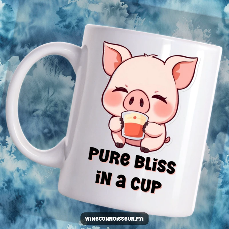 Funny Kawaii Pig Mug: A giggling pig character with eyes closed, happily savoring a sip of a drink, radiating pure bliss.