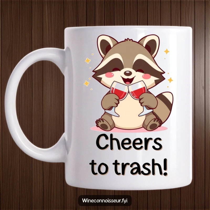 Funny Kawaii raccoon mug, clinking wine glasses with glee, joyful celebration, adorable animal toast, perfect gift for wine lovers.