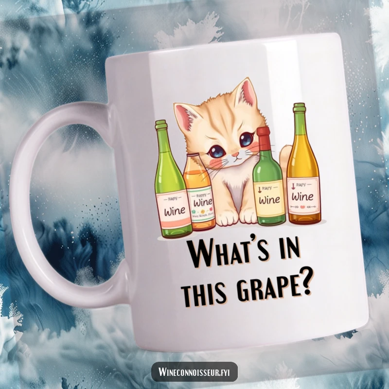 Funny Mug: A curious kitten intently peering at miniature wine bottle labels, showcasing feline intrigue and humor.