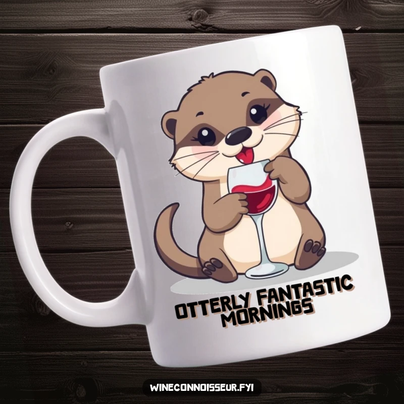 Funny mug with a playful otter swirling wine in a small glass, embodying sophisticated yet whimsical wine enjoyment.