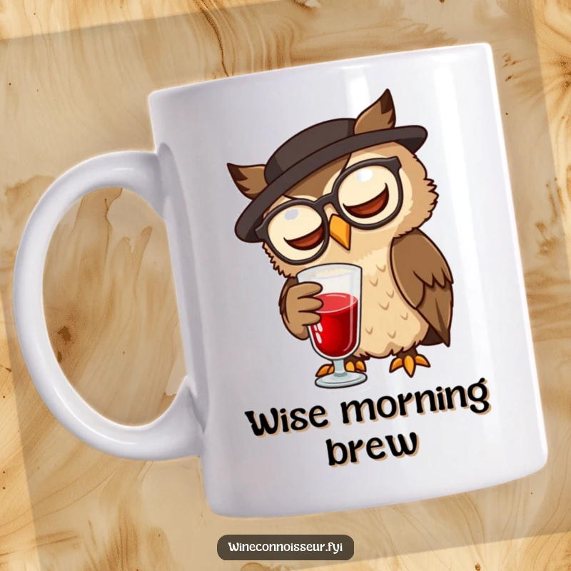 Funny wise brown owl character with spectacles swirling a glass of red liquid on a funny mug.
