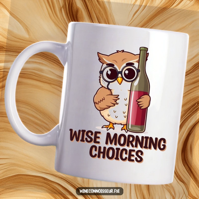 Funny mug featuring a cheerful owl character examining a wine bottle with a monocle and a thoughtful nod, a wise choice.