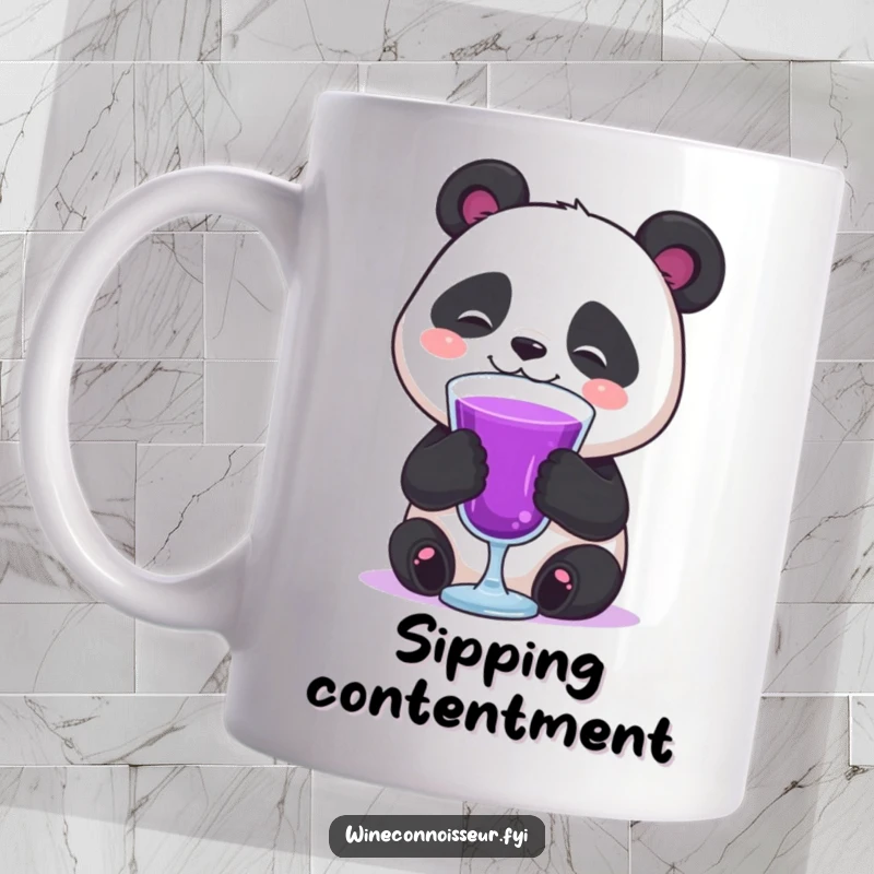 Funny happy panda swirling purple liquid in a glass mug, sighing contentedly, perfect for a humorous and relaxing gift.