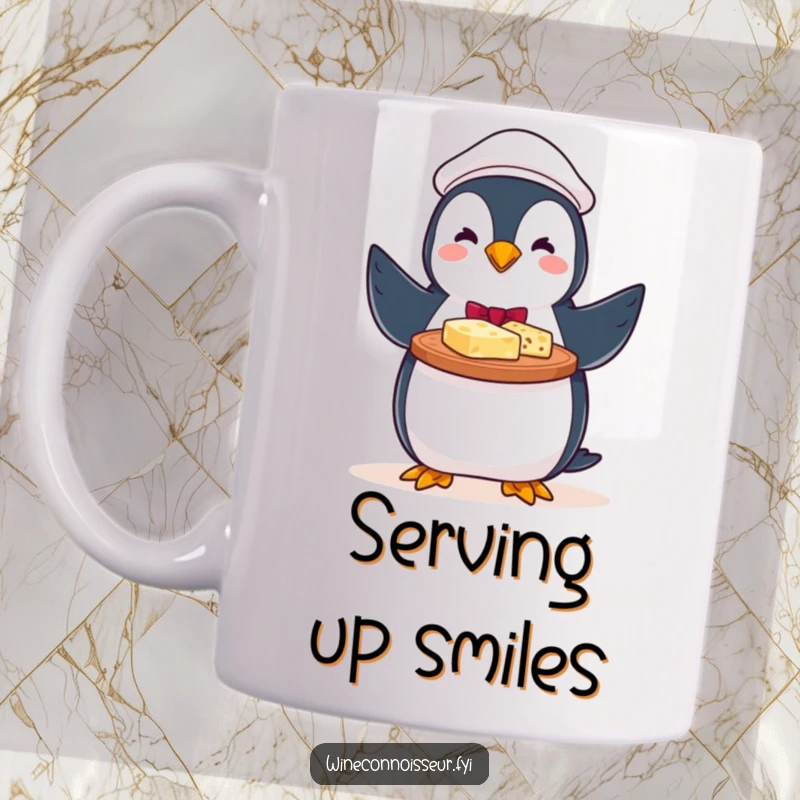 Funny mug showcasing a perky penguin server proudly presenting a cheese platter with a flourish, ready to entertain.