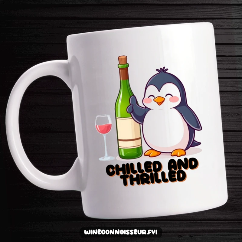 Funny Mug: A contented penguin giving a thumbs up next to a wine bottle, radiating approval and happy wine vibes.