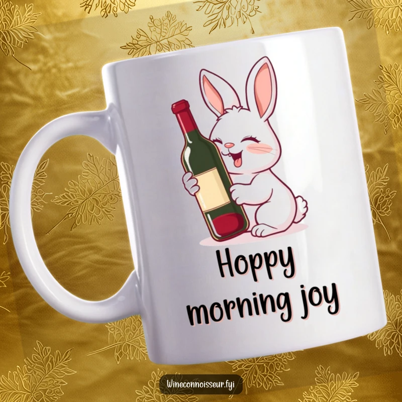 Funny mug showing a giggling rabbit with a delighted expression, joyfully sniffing a wine bottle with pure glee.