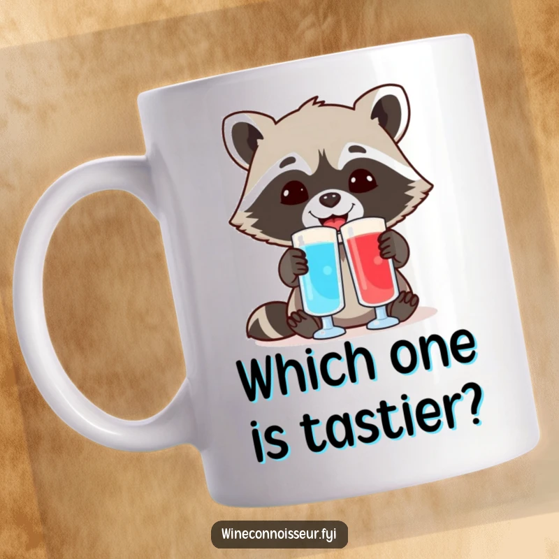 Funny mug with a cheerful raccoon comparing two different colored liquid samples, looking intently at the results of its experiment.