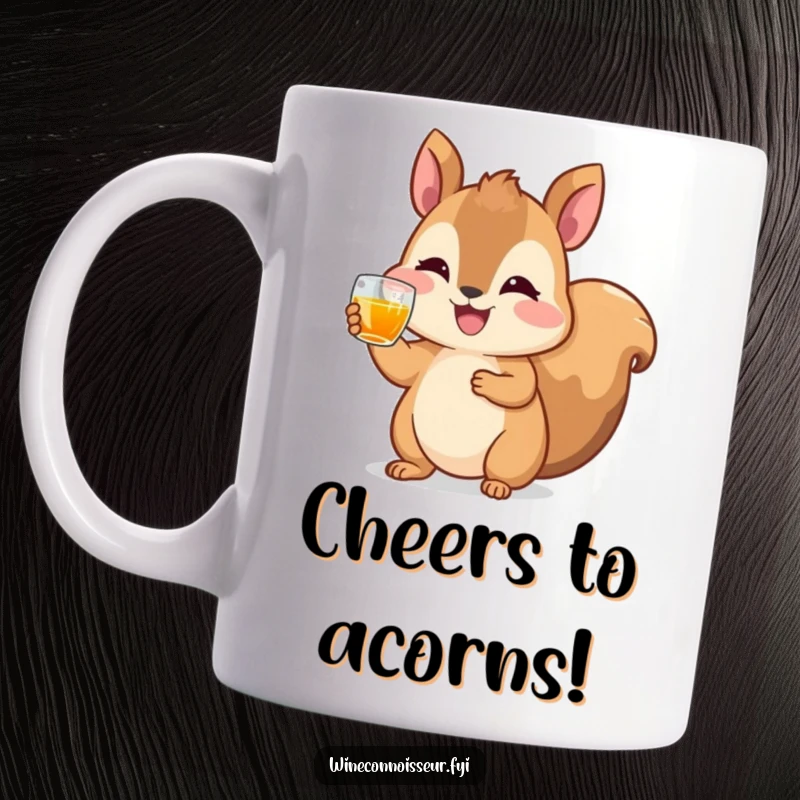 Funny mug featuring a happy squirrel character joyfully raising a tiny glass filled with amber liquid, celebrating with a cheerful toast.