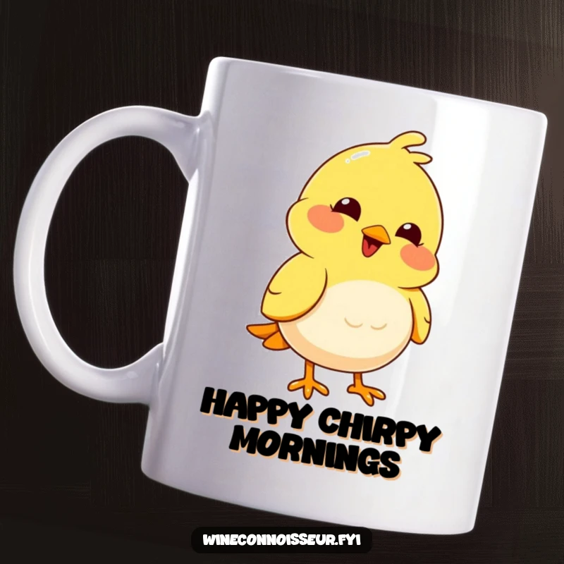 Funny joyful yellow bird character with a pleased expression nodding thoughtfully on a funny mug.