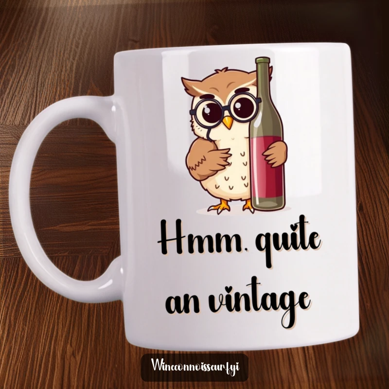 Funny owl with monocle examining wine bottle with thoughtful nod ceramic mug, perfect for wine lovers and gift-givers.