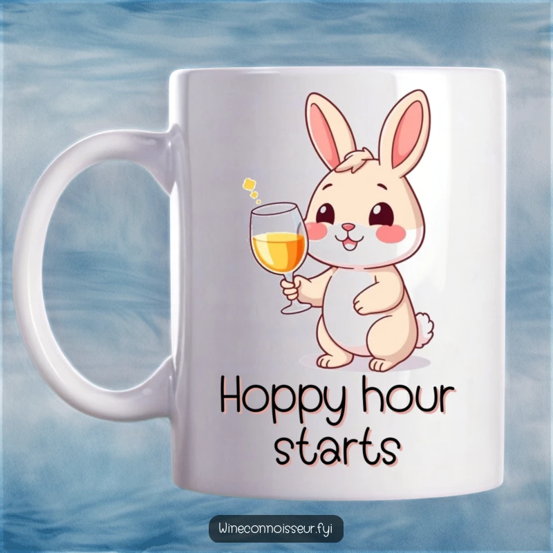 Funny mug featuring a smiling rabbit character elegantly holding a wine glass with a confident flourish, celebrating wine.